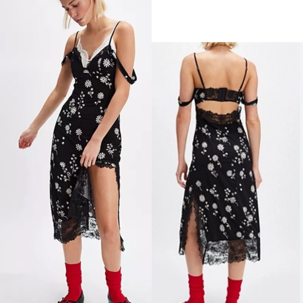 NWT Free People Black Floral midi Dress with White Daisies and lace trim,size XS